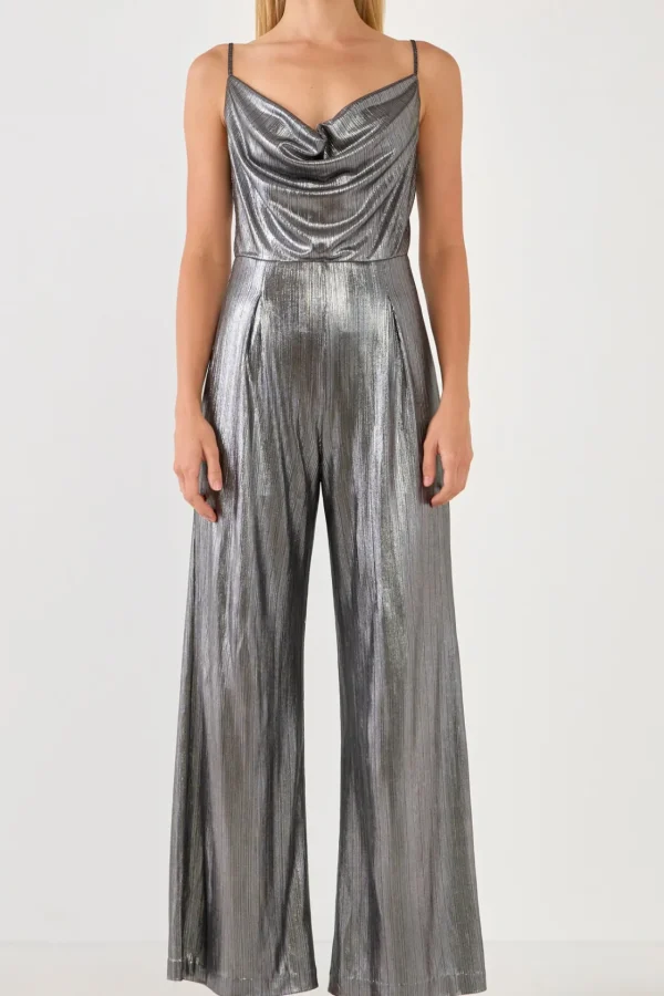ENDLESS ROSE Tops | One Pieces*- Cowl Neck Cami Bodice Metallic Jumpsuit DARKSILVER