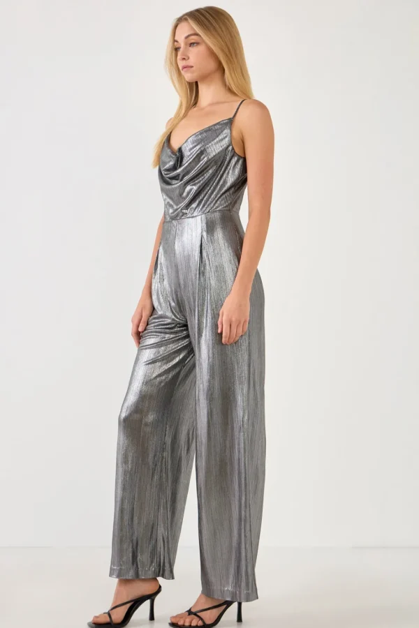 ENDLESS ROSE Tops | One Pieces*- Cowl Neck Cami Bodice Metallic Jumpsuit DARKSILVER