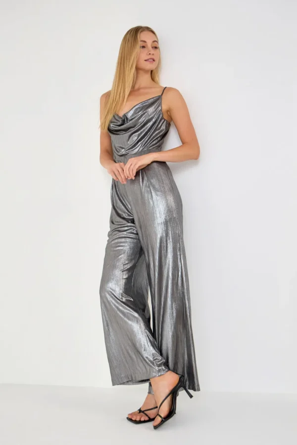 ENDLESS ROSE Tops | One Pieces*- Cowl Neck Cami Bodice Metallic Jumpsuit DARKSILVER