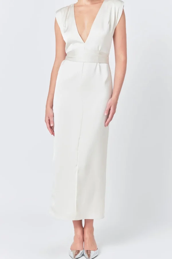 ENDLESS ROSE Tops*- Deep V Maxi Dress CHAMPAGNE