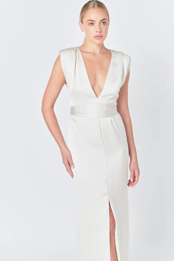 ENDLESS ROSE Tops*- Deep V Maxi Dress CHAMPAGNE