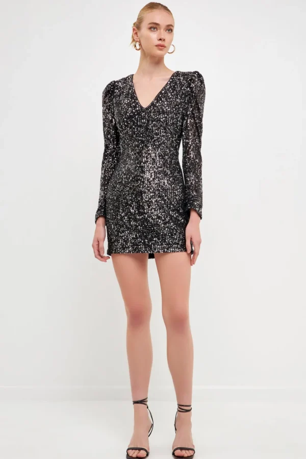 ENDLESS ROSE Tops*- Deep V Sequins Mini