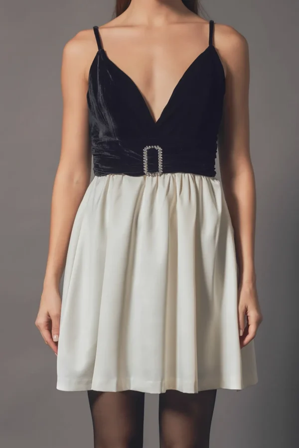 ENDLESS ROSE Tops*- Fancy Mixed Media Mini Dress BLACK/IVORY