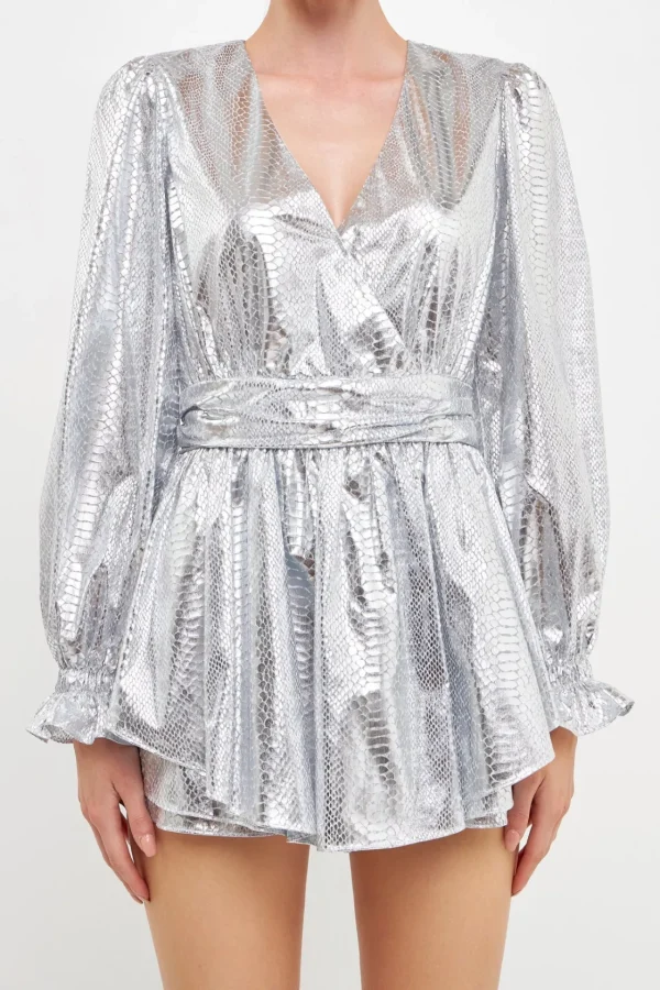 ENDLESS ROSE Tops*- Faux Snakeskin Shorts Romper SILVER