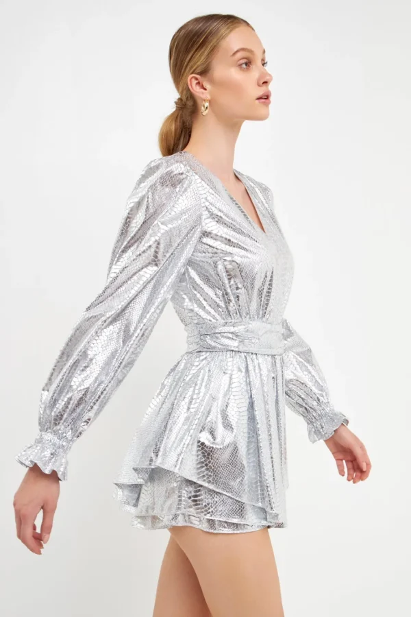 ENDLESS ROSE Tops*- Faux Snakeskin Shorts Romper SILVER