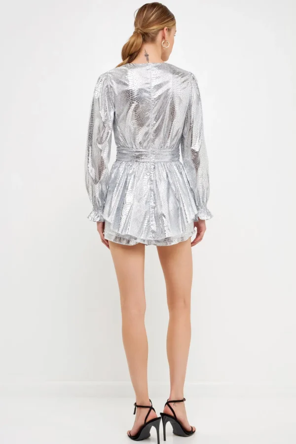 ENDLESS ROSE Tops*- Faux Snakeskin Shorts Romper SILVER