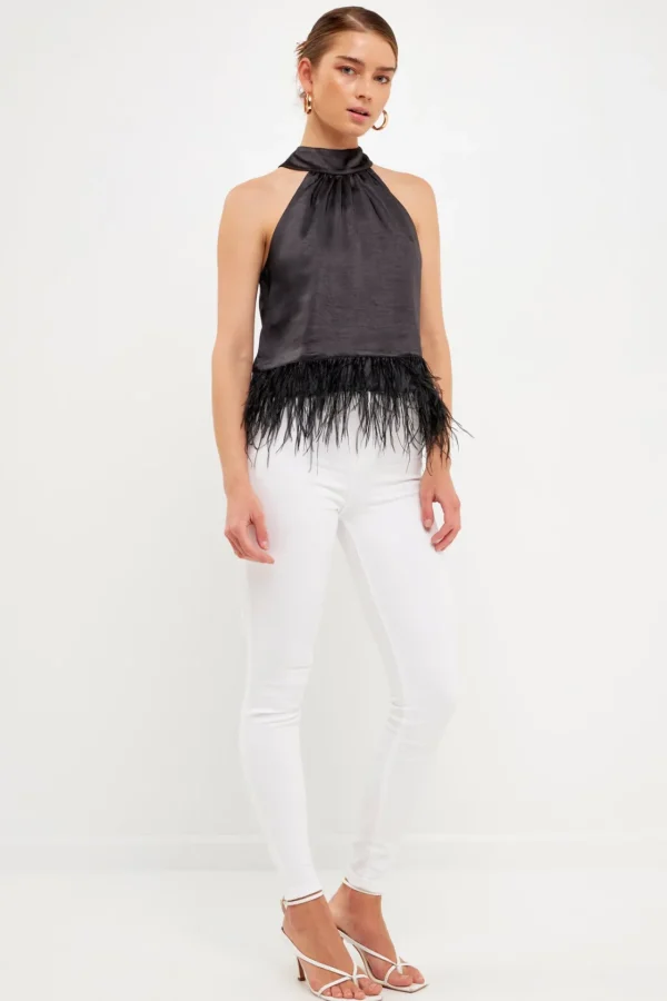 ENDLESS ROSE Tops*- Feather Trim Top