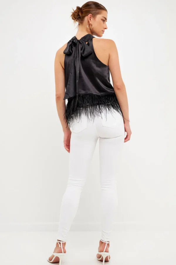 ENDLESS ROSE Tops*- Feather Trim Top