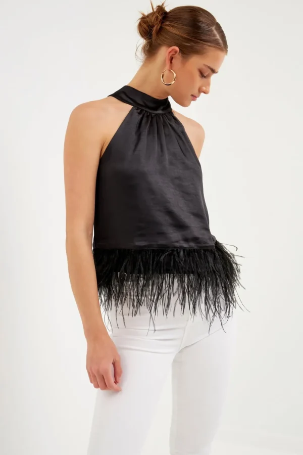 ENDLESS ROSE Tops*- Feather Trim Top