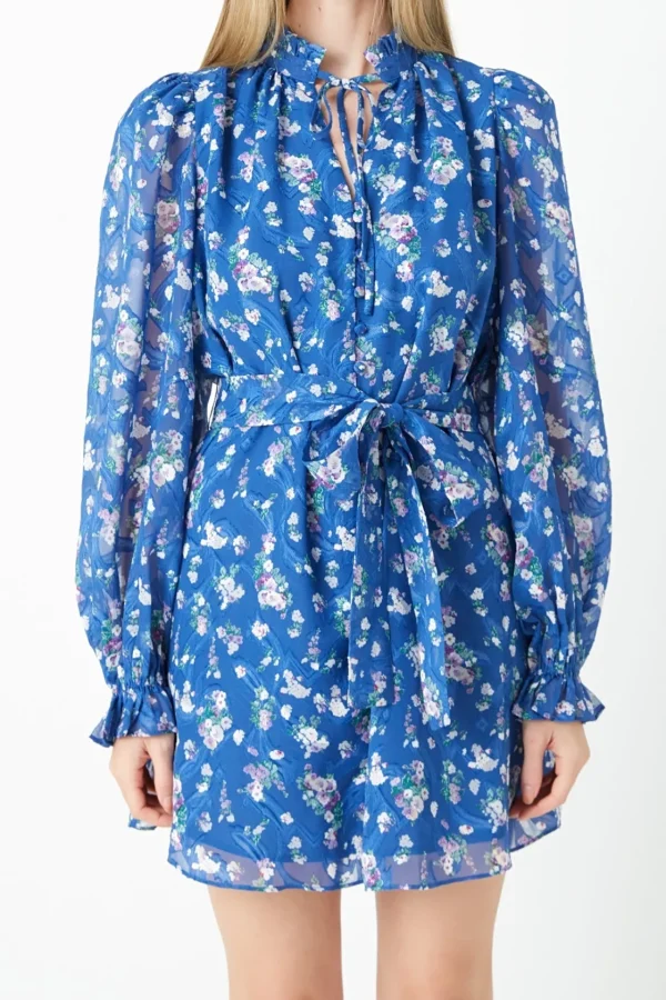 ENDLESS ROSE Tops*- Floral Chiffon Belted Mini Dress BLUE