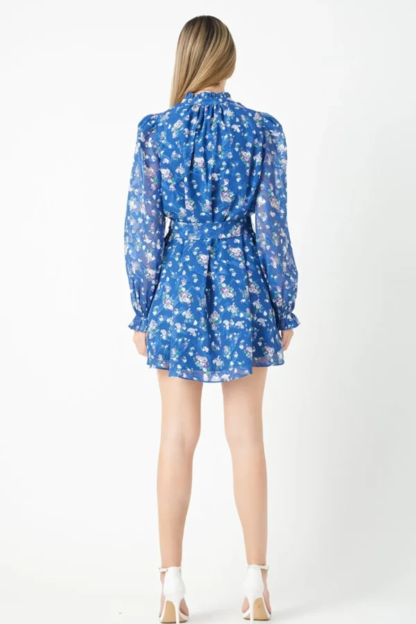 ENDLESS ROSE Tops*- Floral Chiffon Belted Mini Dress BLUE