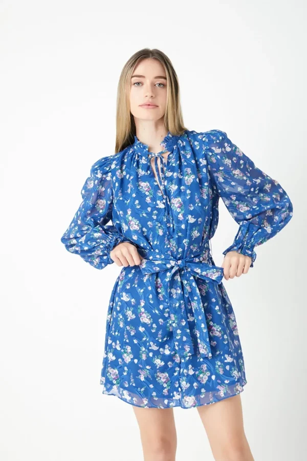 ENDLESS ROSE Tops*- Floral Chiffon Belted Mini Dress BLUE