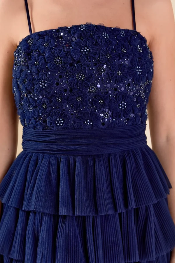 ENDLESS ROSE Tops*- Floral Detail Tulle Mini Dress NAVY
