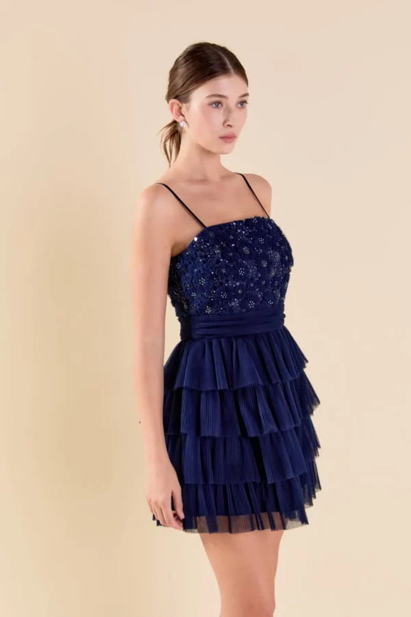 ENDLESS ROSE Tops*- Floral Detail Tulle Mini Dress NAVY