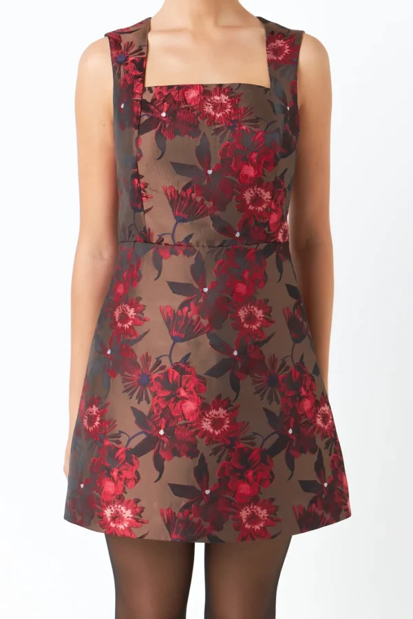 ENDLESS ROSE Tops*- Floral Jacquard Sleeveless Mini Dress BROWNMULTI