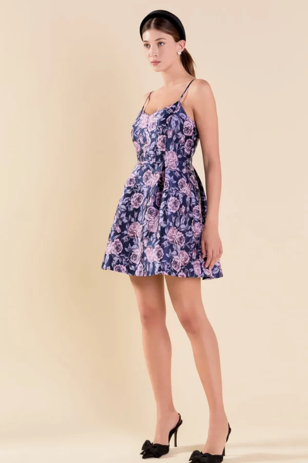 ENDLESS ROSE Tops*- Floral Jacquard Sweetheart Neckline Mini Dress PURPLEMULTI