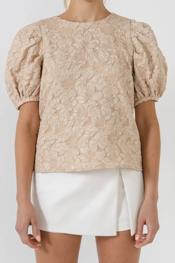 ENDLESS ROSE Tops | Shirts & Blouses*- Floral Jacquard Puff Sleeve Top