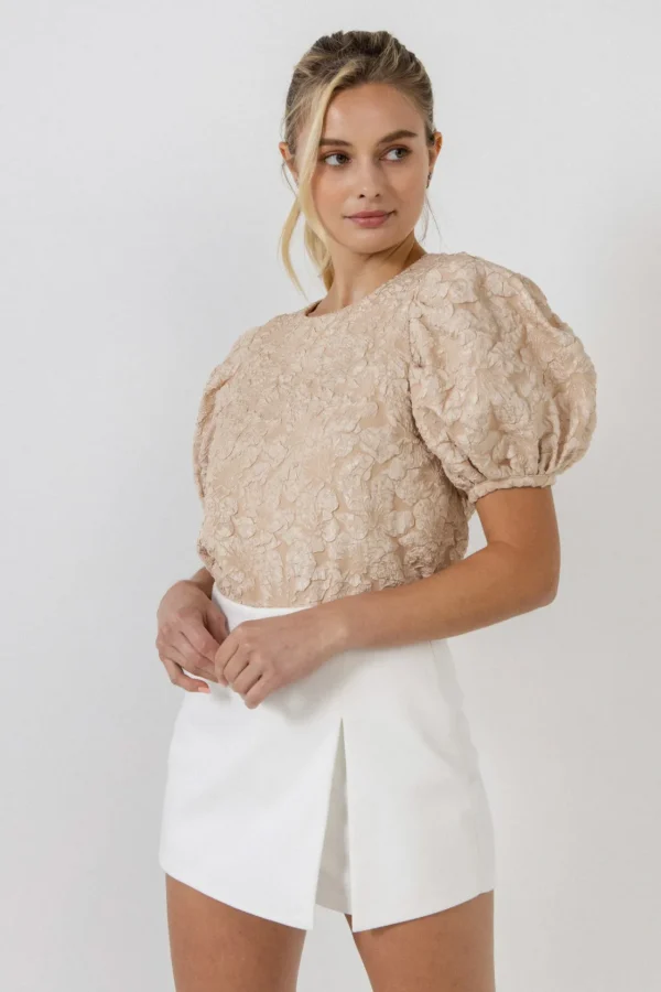 ENDLESS ROSE Tops | Shirts & Blouses*- Floral Jacquard Puff Sleeve Top