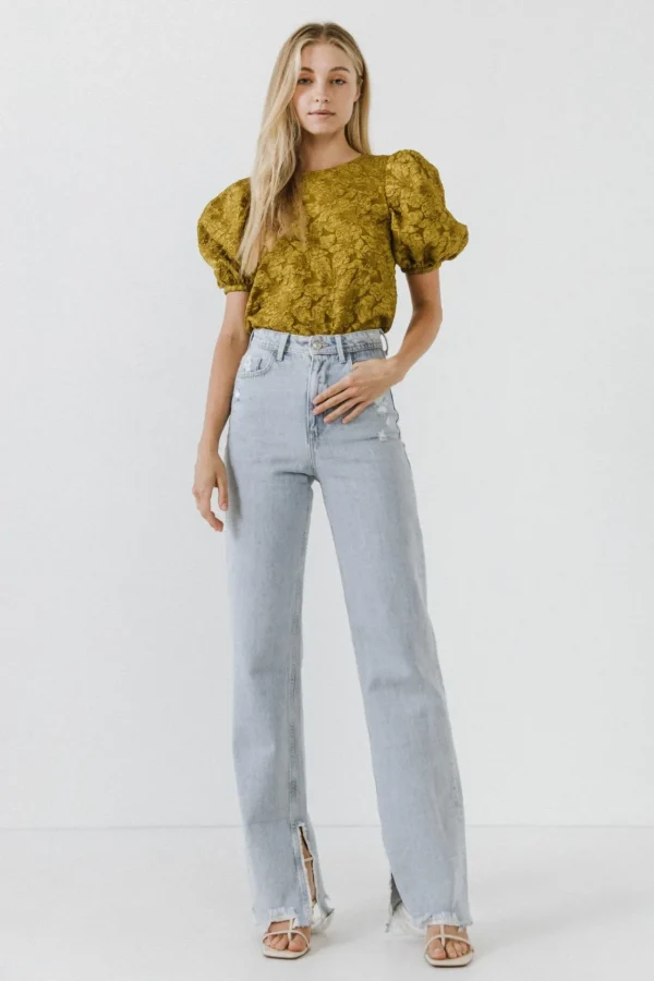 ENDLESS ROSE Tops | Shirts & Blouses*- Floral Jacquard Puff Sleeve Top
