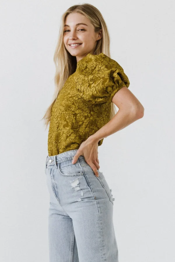 ENDLESS ROSE Tops | Shirts & Blouses*- Floral Jacquard Puff Sleeve Top