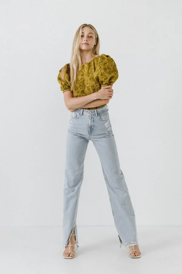 ENDLESS ROSE Tops | Shirts & Blouses*- Floral Jacquard Puff Sleeve Top