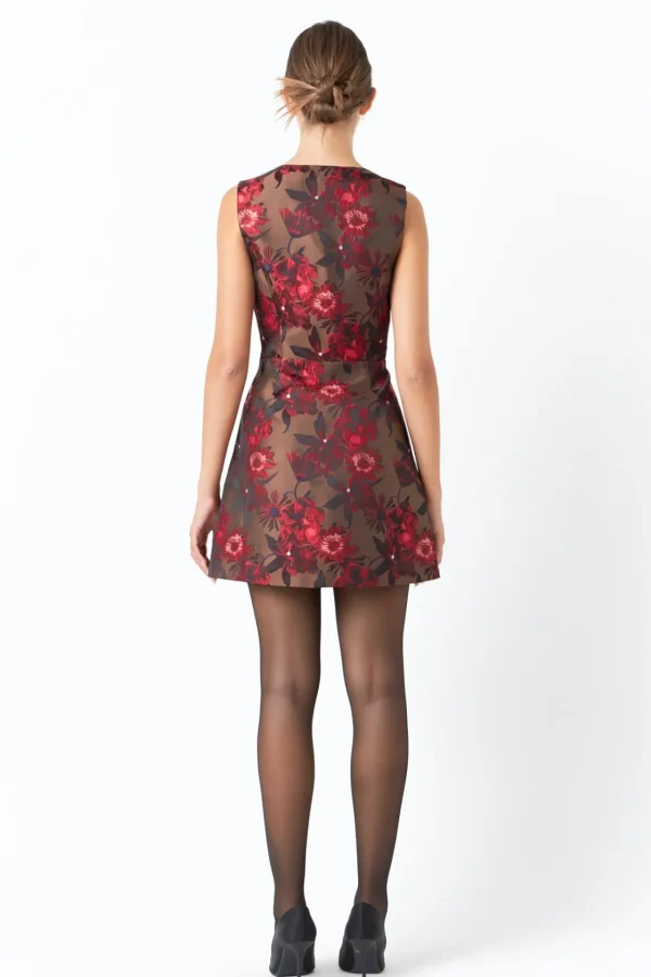 ENDLESS ROSE Tops*- Floral Jacquard Sleeveless Mini Dress BROWNMULTI