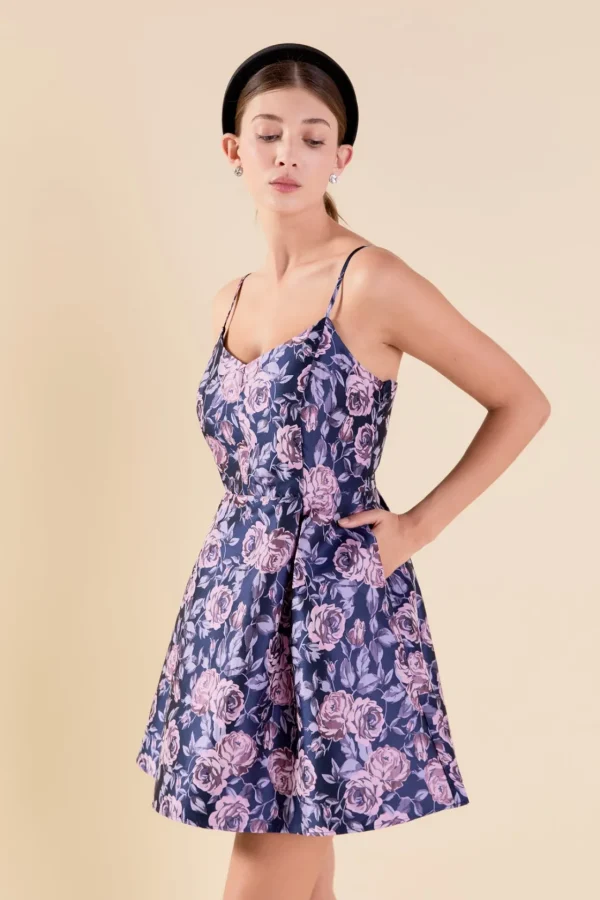 ENDLESS ROSE Tops*- Floral Jacquard Sweetheart Neckline Mini Dress PURPLEMULTI