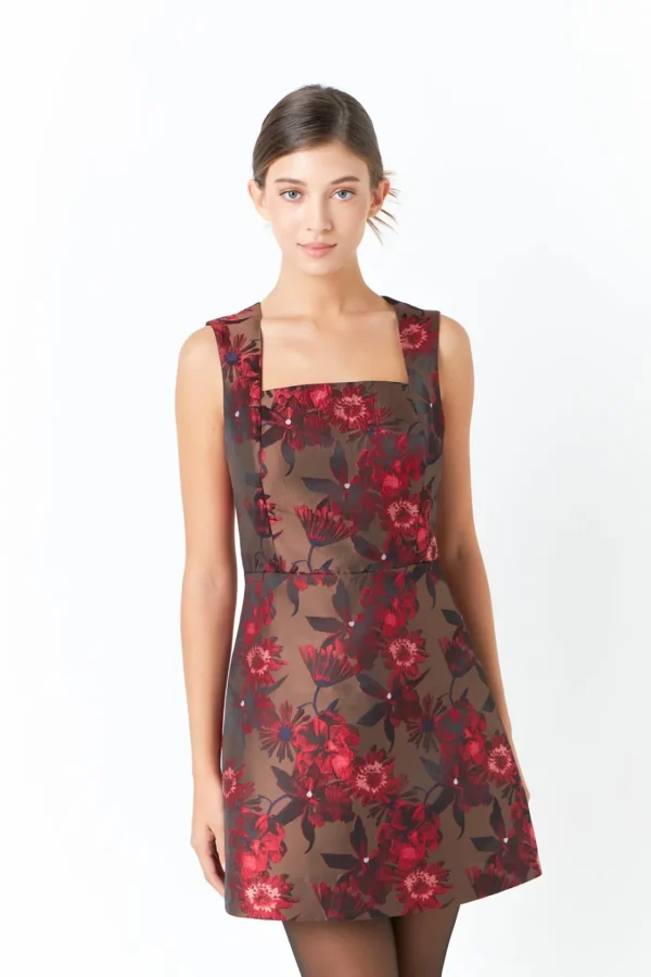 ENDLESS ROSE Tops*- Floral Jacquard Sleeveless Mini Dress BROWNMULTI