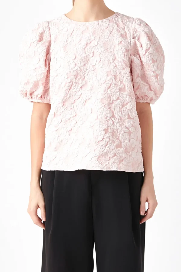 ENDLESS ROSE Tops | Shirts & Blouses*- Floral Jacquard Puff Sleeve Top