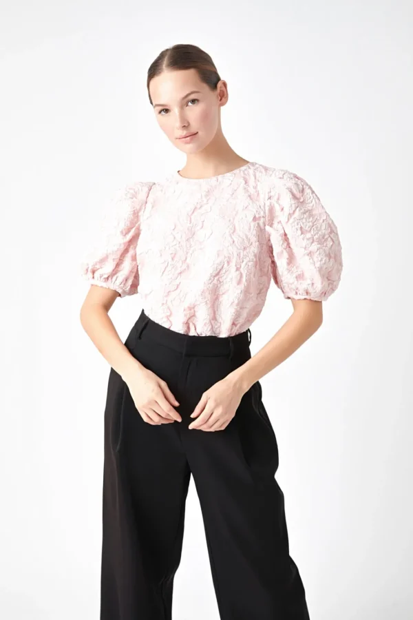 ENDLESS ROSE Tops | Shirts & Blouses*- Floral Jacquard Puff Sleeve Top