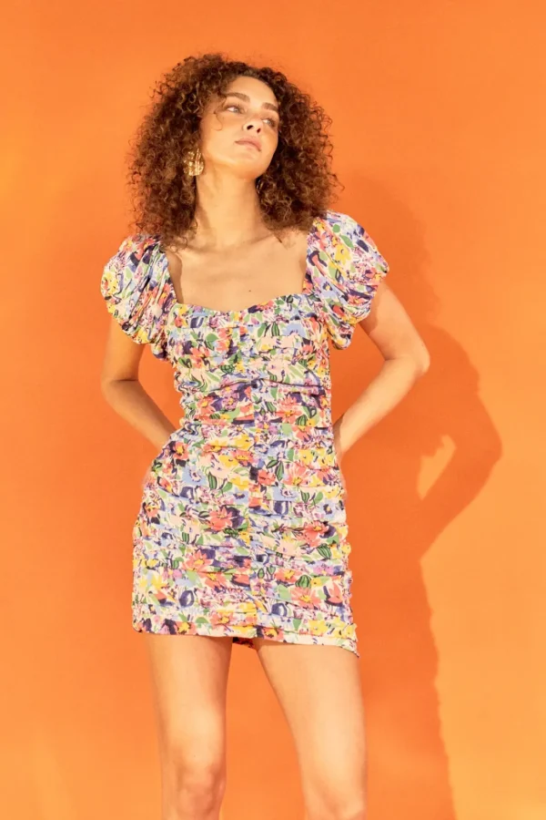 ENDLESS ROSE Tops*- Floral Off the Shoulder Ruched Mini Dress MULTI