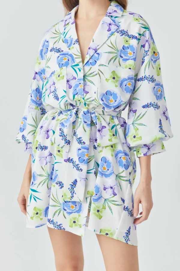 ENDLESS ROSE Tops*- Floral Print Belted Collared Dress BLUE