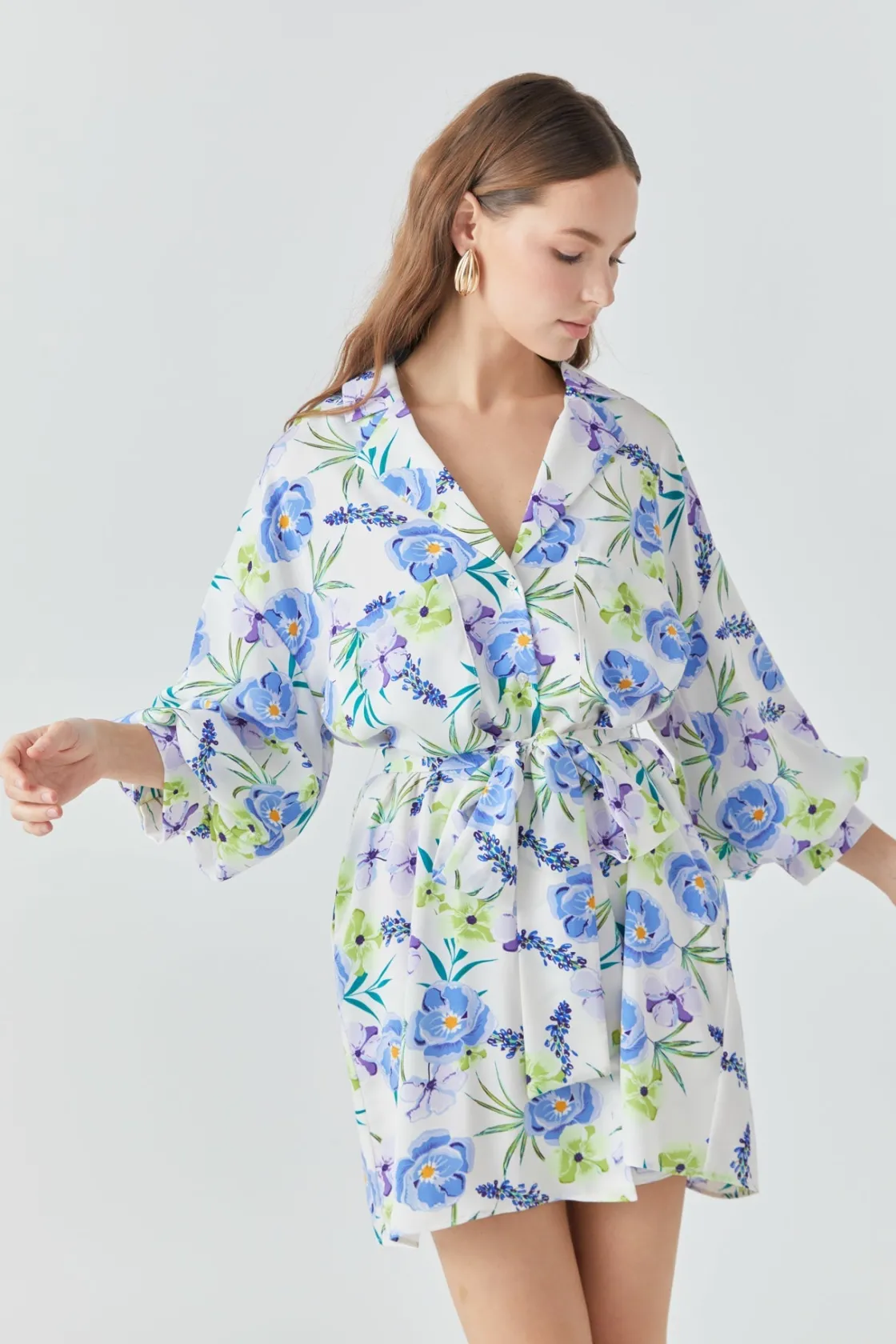 endless_rose__floral_prin_3.webp ENDLESS ROSE Tops*- Floral Print Belted Collared Dress BLUE