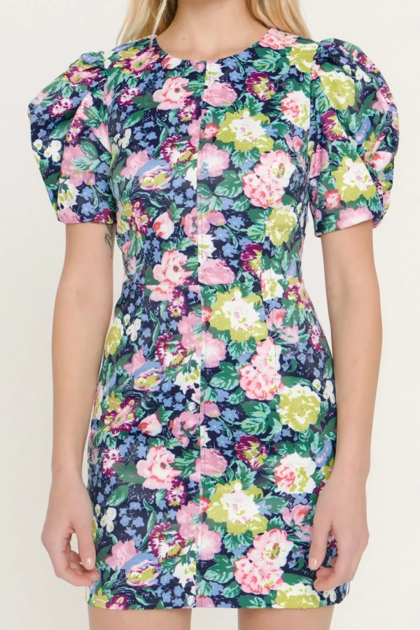 ENDLESS ROSE Tops*- Floral Puff Sleeve Woven Dress NAVYMULTI