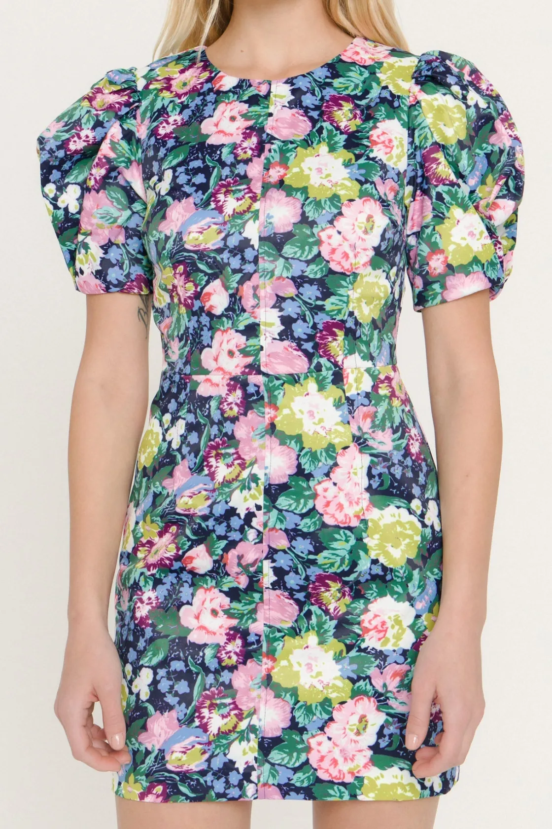 endless_rose__floral_puff_0.webp ENDLESS ROSE Tops*- Floral Puff Sleeve Woven Dress NAVYMULTI