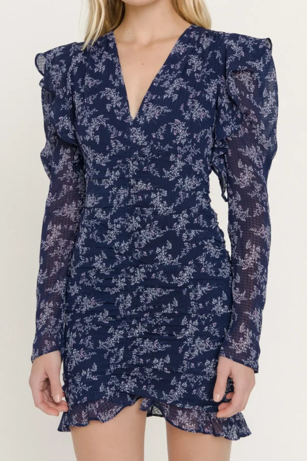ENDLESS ROSE Tops*- Floral Ruched Mini Dress NAVY