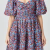 ENDLESS ROSE Tops*- Floral Ruched Poplin Mini Dress BLUE/PURPLE