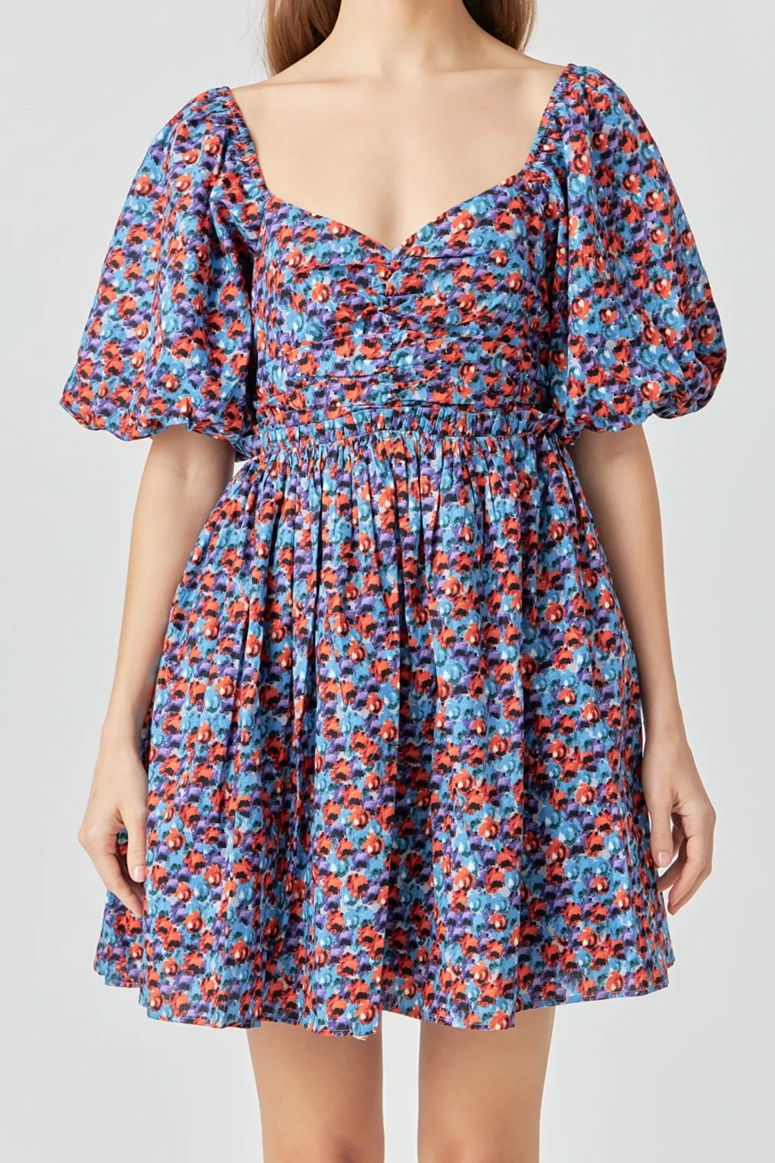 endless_rose__floral_ruch_0.webp ENDLESS ROSE Tops*- Floral Ruched Poplin Mini Dress BLUE/PURPLE