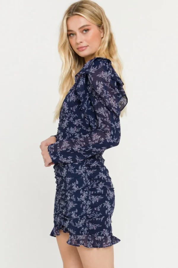 ENDLESS ROSE Tops*- Floral Ruched Mini Dress NAVY