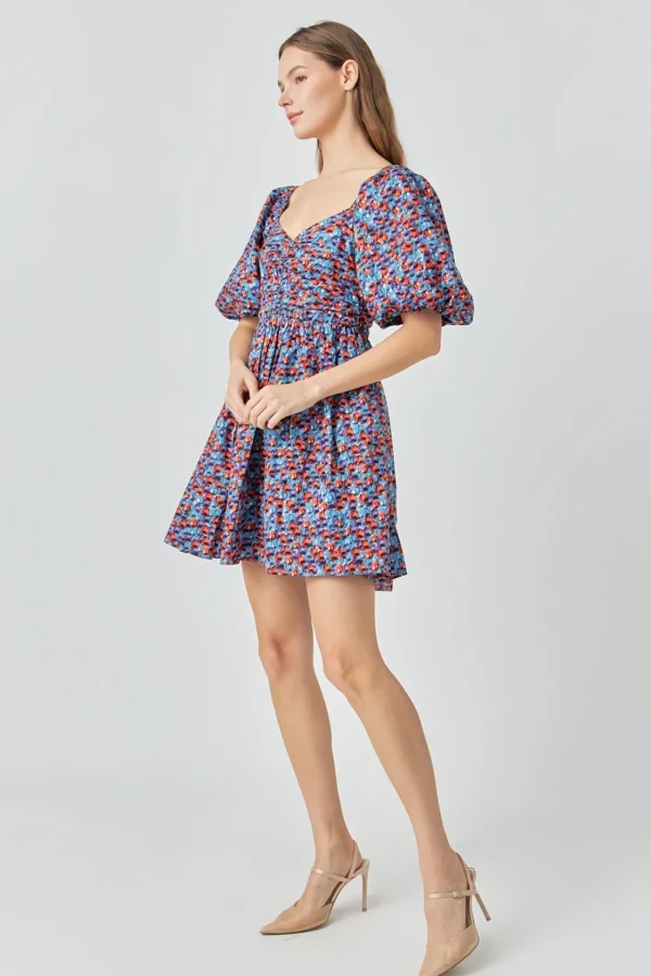 ENDLESS ROSE Tops*- Floral Ruched Poplin Mini Dress BLUE/PURPLE