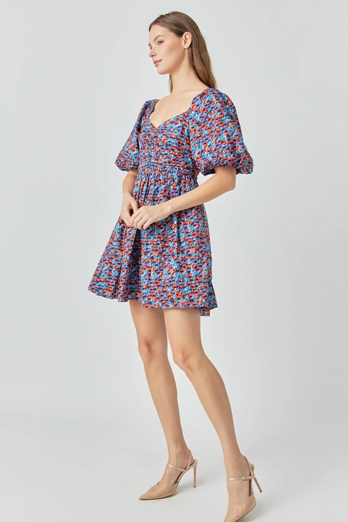 endless_rose__floral_ruch_1.webp ENDLESS ROSE Tops*- Floral Ruched Poplin Mini Dress BLUE/PURPLE