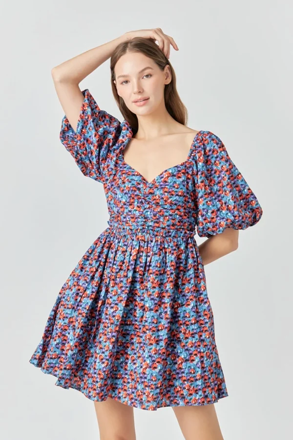 ENDLESS ROSE Tops*- Floral Ruched Poplin Mini Dress BLUE/PURPLE