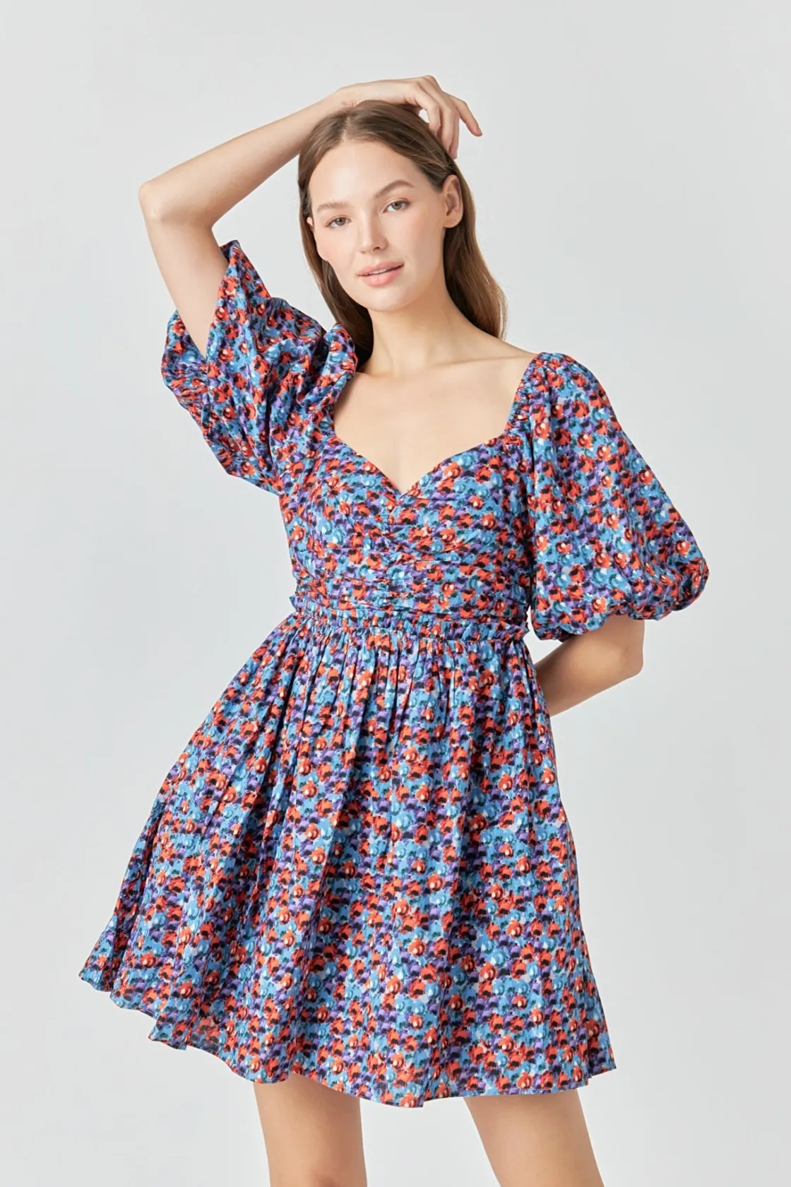 endless_rose__floral_ruch_3.webp ENDLESS ROSE Tops*- Floral Ruched Poplin Mini Dress BLUE/PURPLE