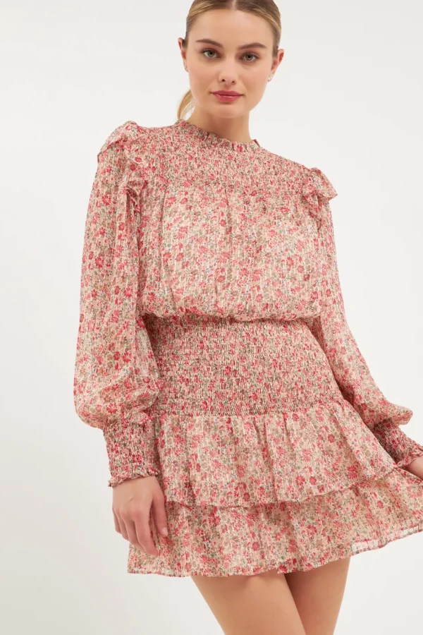 ENDLESS ROSE Tops*- Floral Stripe Chiffon Dress PINKMULTI