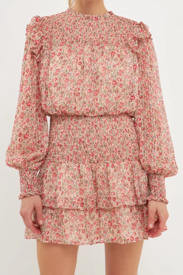 ENDLESS ROSE Tops*- Floral Stripe Chiffon Dress PINKMULTI