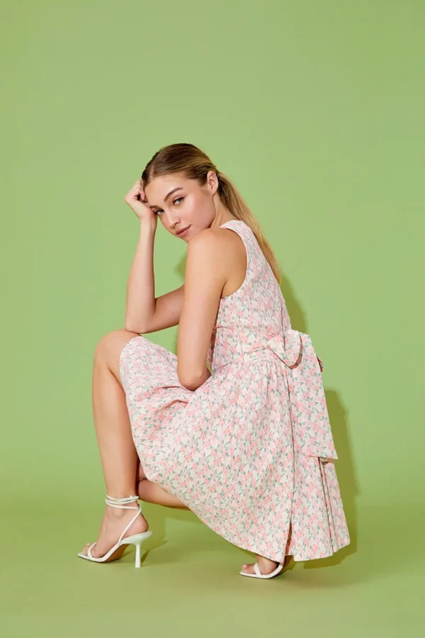 ENDLESS ROSE Tops*- Floral Textured Bow Tie Mini Dress PINK