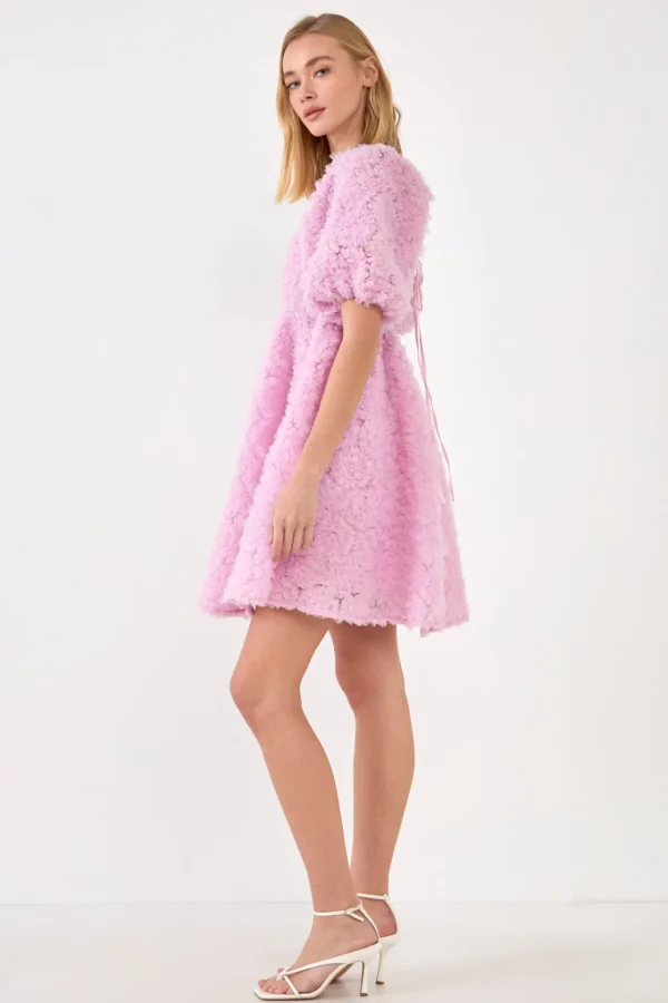 ENDLESS ROSE Tops*- Floral Trim Fabric Back Tie Detail Mini Dress LILAC