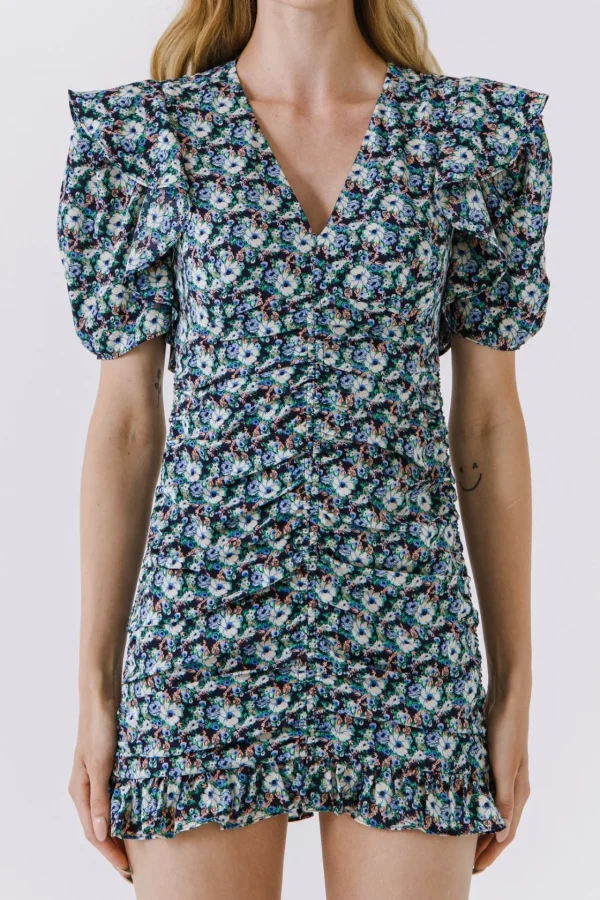 ENDLESS ROSE Tops*- Floral V-neck Shirring Dress NAVYMULTI