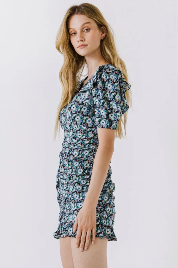 ENDLESS ROSE Tops*- Floral V-neck Shirring Dress NAVYMULTI