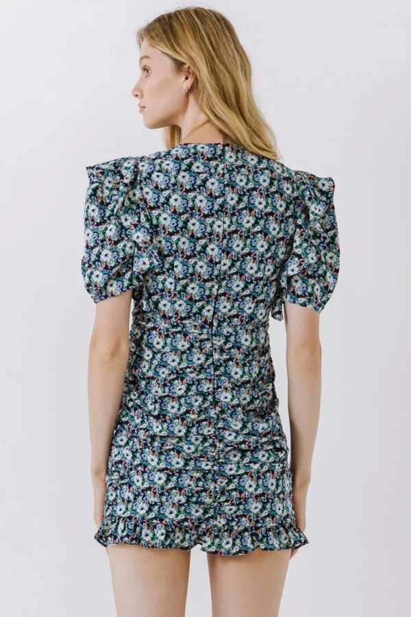 ENDLESS ROSE Tops*- Floral V-neck Shirring Dress NAVYMULTI